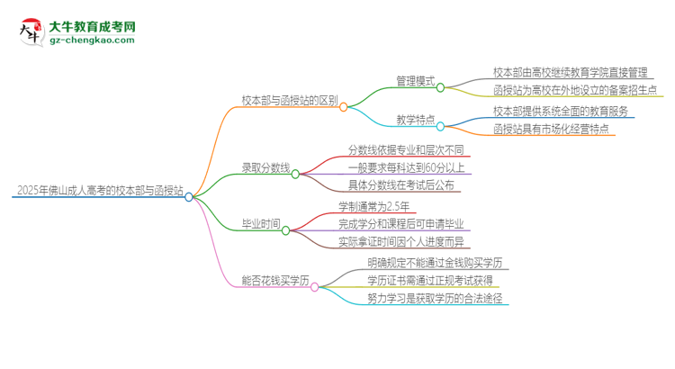 2025年佛山成人高考校本部和函授站一樣嗎？思維導(dǎo)圖