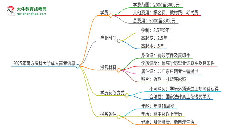 2025年南方醫(yī)科大學(xué)成人高考一年學(xué)費(fèi)要多少？思維導(dǎo)圖