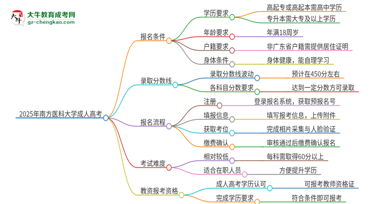 2025年南方醫(yī)科大學(xué)成人高考能考教資嗎？思維導(dǎo)圖