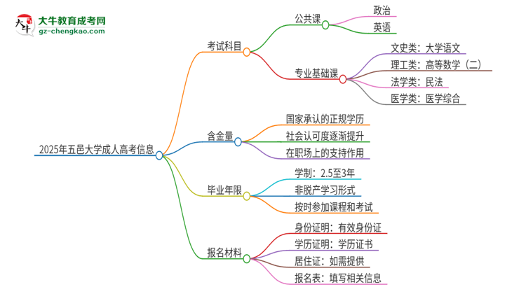 2025年五邑大學成人高考入學考試考幾科？思維導圖