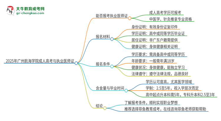 2025年廣州航海學(xué)院的成人高考學(xué)歷能報(bào)考執(zhí)業(yè)醫(yī)師證嗎？思維導(dǎo)圖