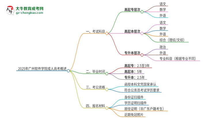 2025年廣州軟件學院成人高考入學考試考幾科？思維導圖