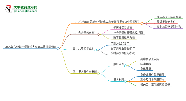 2025年東莞城市學院的成人高考學歷能報考執(zhí)業(yè)醫(yī)師證嗎？思維導圖