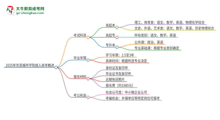 2025年東莞城市學院成人高考入學考試考幾科？思維導圖