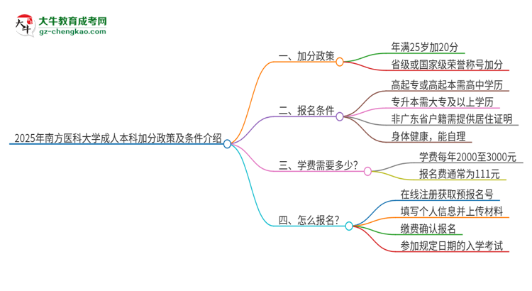 2025年南方醫(yī)科大學成人本科加分政策及條件介紹思維導圖