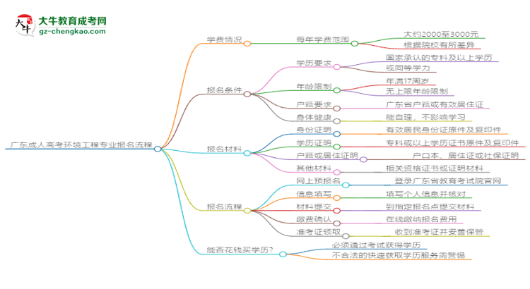 廣東成人高考環(huán)境工程專業(yè)2025年報名流程思維導圖