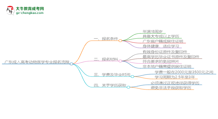 廣東成人高考動(dòng)物醫(yī)學(xué)專業(yè)2025年報(bào)名流程思維導(dǎo)圖