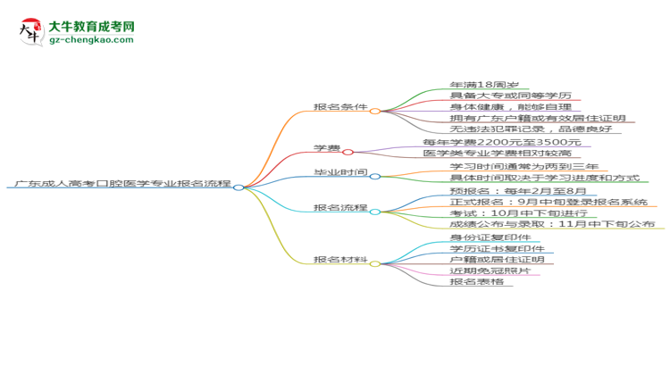 廣東成人高考口腔醫(yī)學(xué)專業(yè)2025年報(bào)名流程思維導(dǎo)圖