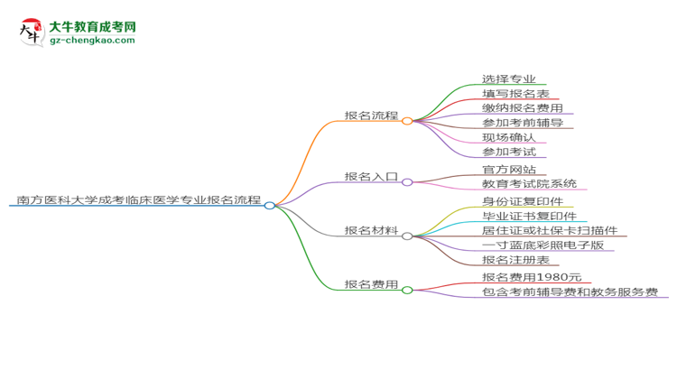 南方醫(yī)科大學成考臨床醫(yī)學專業(yè)2025年報名流程思維導圖