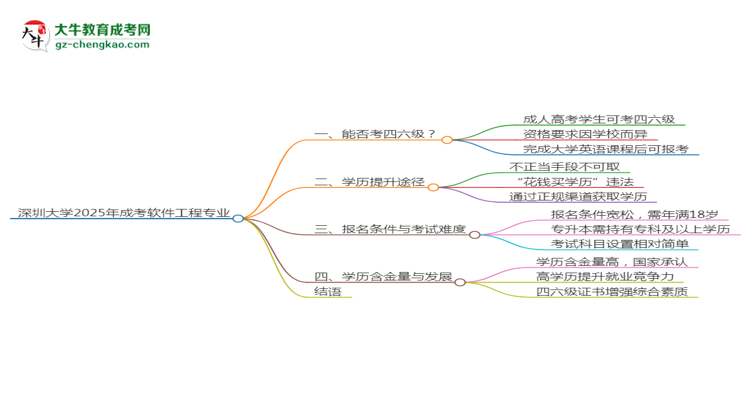 深圳大學(xué)2025年成考軟件工程專業(yè)生可不可以考四六級？思維導(dǎo)圖