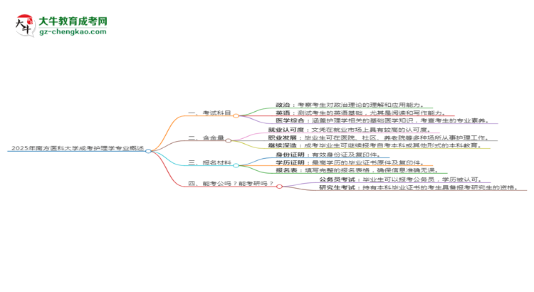 2025年南方醫(yī)科大學(xué)成考護理學(xué)專業(yè)入學(xué)考試科目有哪些？思維導(dǎo)圖