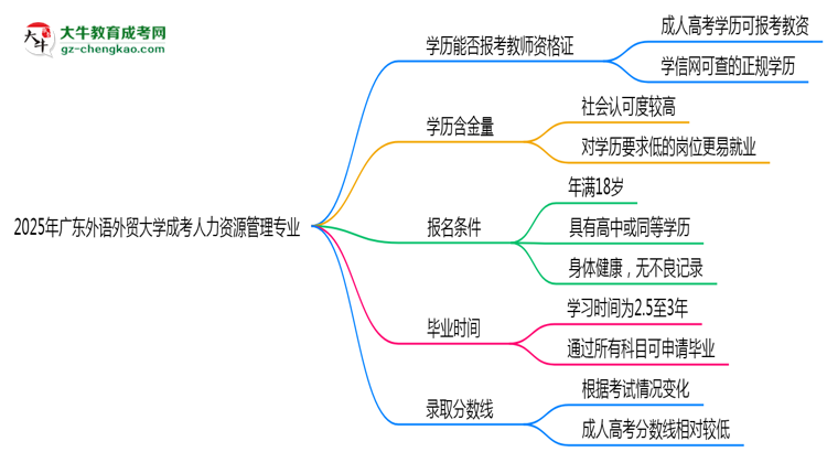 2025年廣東外語外貿(mào)大學(xué)成考人力資源管理專業(yè)學(xué)歷能報(bào)考教資嗎？思維導(dǎo)圖