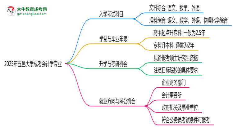 2025年五邑大學(xué)成考會計(jì)學(xué)專業(yè)入學(xué)考試科目有哪些？思維導(dǎo)圖