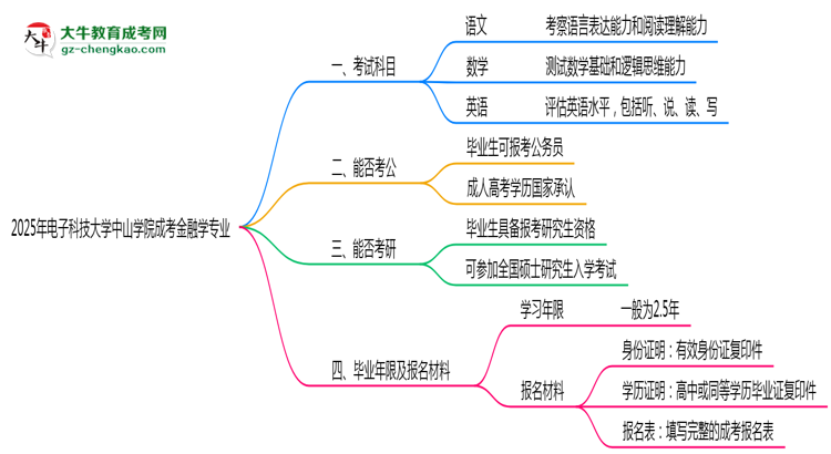 2025年電子科技大學(xué)中山學(xué)院成考金融學(xué)專(zhuān)業(yè)入學(xué)考試科目有哪些？思維導(dǎo)圖