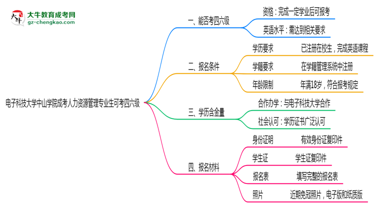 電子科技大學(xué)中山學(xué)院2025年成考人力資源管理專業(yè)生可不可以考四六級(jí)？思維導(dǎo)圖