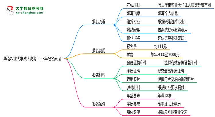 華南農業(yè)大學成人高考2025年報名流程思維導圖